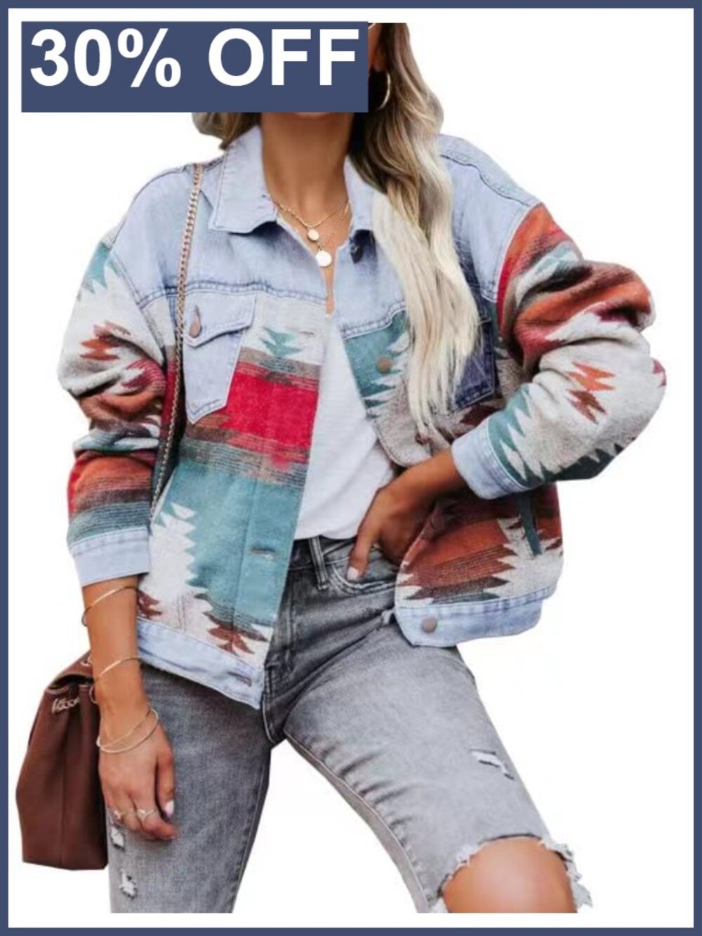 Womens Distressed Denim Jacket Aztec Print Button Down Vintage Shacket